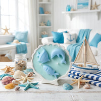 Ocean Theme Dolphin & Fish Wax Candle Set | Coastal Home Décor Candle in Shell Dish