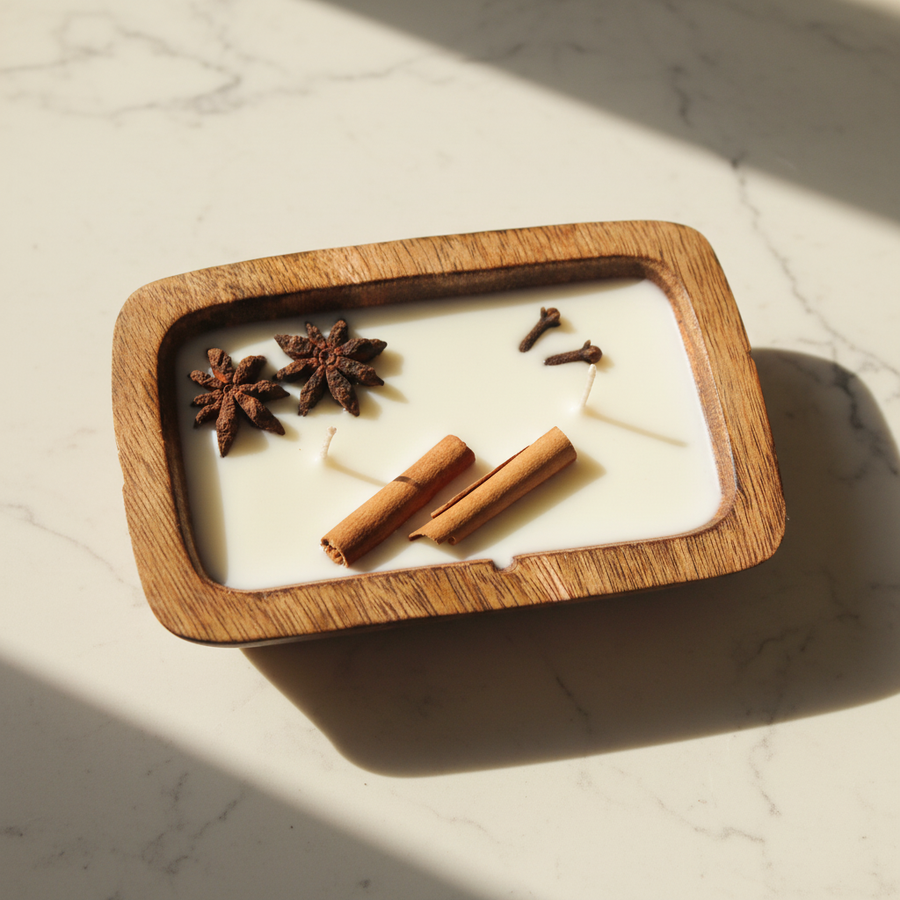 Spice Garden Soy Candle — Rustic Wooden Tray | Star Anise, Cinnamon & Clove