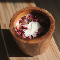 Rustic Wood & Rose Soy Wax Candle | Handcrafted Botanical Candle in Wooden Vessel